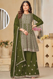 Green Color Fascinating Embroidered Chinon Fabric Palazzo Suit.