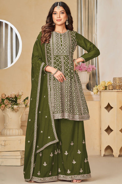 Green Color Fascinating Embroidered Chinon Fabric Palazzo Suit.