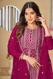 Fashionable Rani Color Embroidered Chinon Fabric Palazzo Suit.