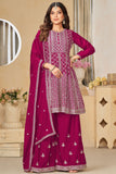 Fashionable Rani Color Embroidered Chinon Fabric Palazzo Suit.