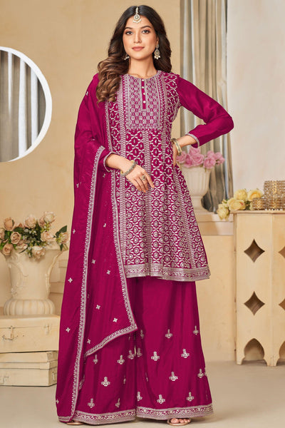 Fashionable Rani Color Embroidered Chinon Fabric Palazzo Suit.