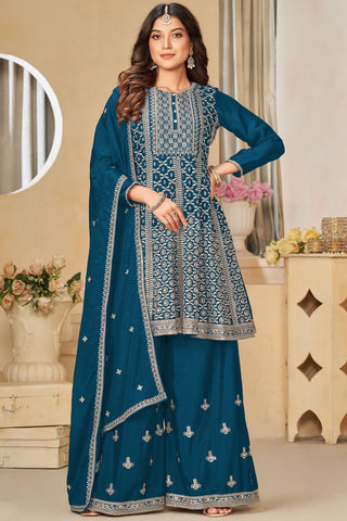 Glamorous Teal Color Embroidered Chinon Fabric Palazzo Suit.