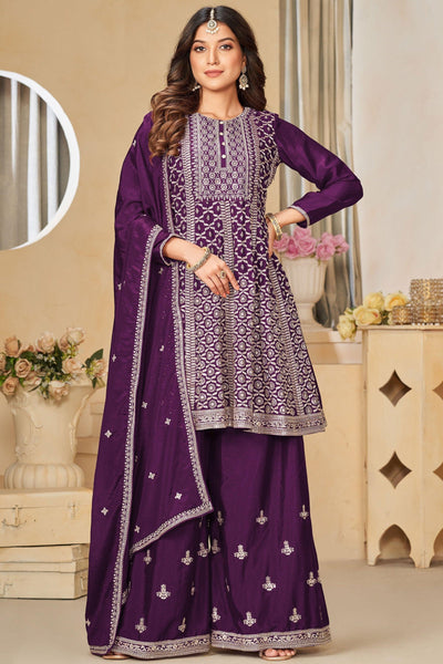 Purple Color Gorgeous Embroidered Chinon Fabric Palazzo Suit.