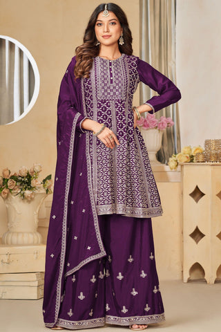 Purple Color Gorgeous Embroidered Chinon Fabric Palazzo Suit.
