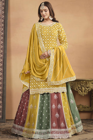 Phenomenal Sangeet Wear Yellow Color Chinon Fabric Sharara Top Lehenga.