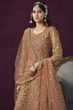 Beautiful Peach Color Embroidered Anarkali Suit In Net Fabric.