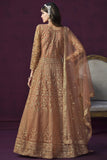 Beautiful Peach Color Embroidered Anarkali Suit In Net Fabric.