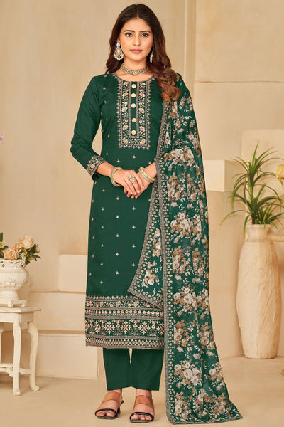 Art Silk Embroidered Straight Cut Salwar Suit In Dark Green Color.