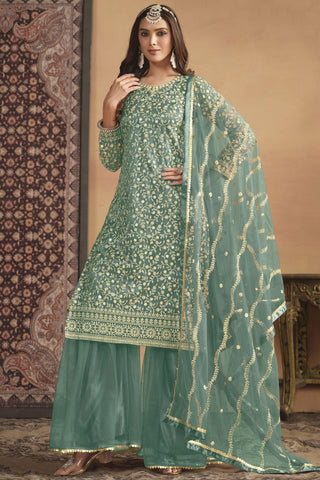 Appealing Festival Wear Net Fabric Palazzo Suit In Sea Green Color.
