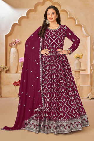 Embroidered Georgette Fabric Long Anarkali Suit In Wine Color.