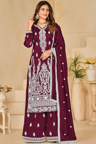 Elegant Sangeet Function Art Silk Fabric Wine Color Palazzo Suit.