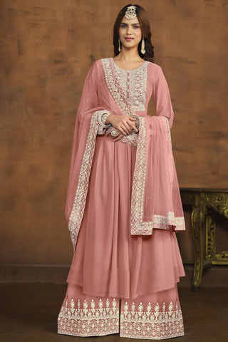 Classic Peach Color Festival Wear Palazzo Suit In Georgette Fabric.