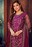 Festive Wear Embroidered Net Fabric Long Straight Cut Suit In Magenta Color.