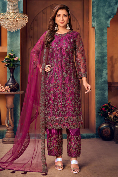 Festive Wear Embroidered Net Fabric Long Straight Cut Suit In Magenta Color.