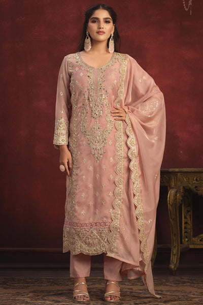 Pink Color Festive Wear Organza Fabric Embroidered Designer Long Salwar Kameez.