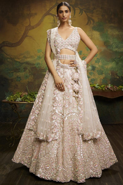 Awesome Embroidered Work On Net Fabric Cream Color Wedding Wear Lehenga Choli.