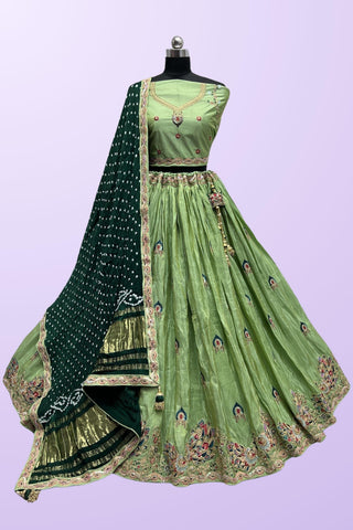 Embroidered Work Sea Green Color Fashionable Lehenga In Dola Silk Fabric.