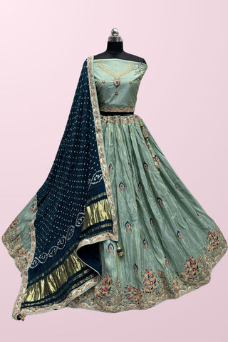 Dola Silk Fabric Embroidered Work Glamorous Lehenga In Light Cyan Color.