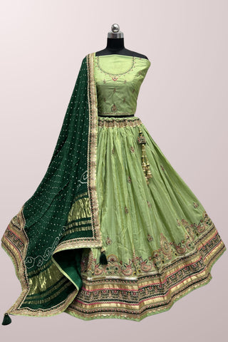 Green Color Embroidered Work Luminous Lehenga In Dola Silk Fabric.