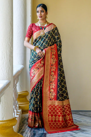 Attractive Dark Green Color Weaving Work Banarasi Silk Traditional Saree.