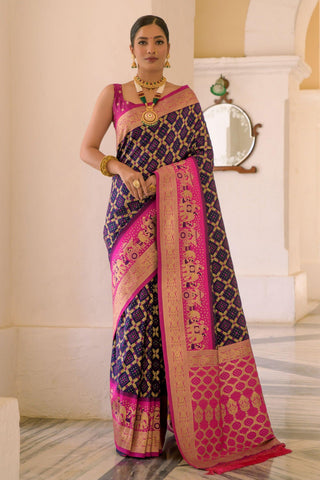 Delightful Navy Blue Color Weaving Work Banarasi Silk Function Wear Saree.
