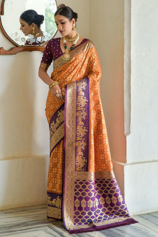 Traditional Banarasi Silk Weaving Work Orange Color Saree.