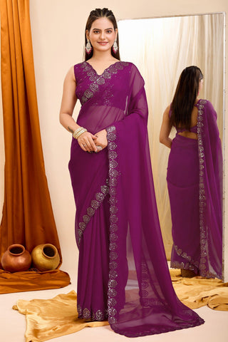 Blazing Wine Color Sequins Work Casual Wear Georgette Saree - women's fashion mart