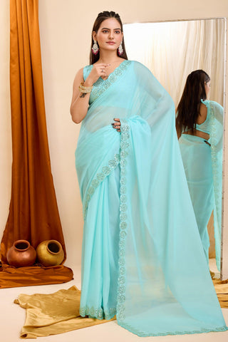 Sky Blue Color Sequins Work Glamorous Casual Wear Georgette Saree - women's fashion mart