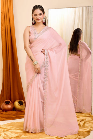 Peach Color Exquisite Sequins Work Casual Wear Georgette Saree - women's fashion mart