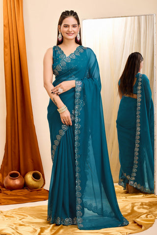 Sequins Work Attractive Casual Wear Georgette Saree In Teal Color - women's fashion mart