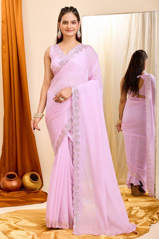 Alluring Pink Color Sequins Work Casual Wear Georgette Saree - women's fashion mart