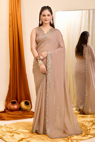 Brown Color Sequins Work Graceful Casual Wear Georgette Saree - women's fashion mart