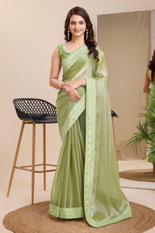 Attractive Festival Wear Sea Green Color Border Work Art Silk Saree - women's fashion mart