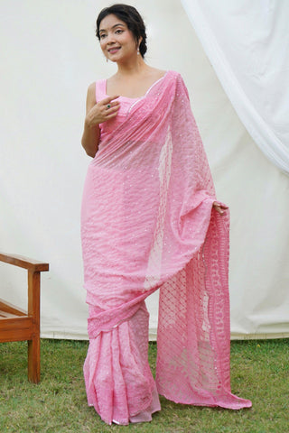 Sequins Work Soothing Festive Wear Georgette Saree In Pink Color - women's fashion mart