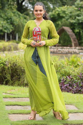 Bewitching Laheriya Printed Kutchi Patch Work Green Kurti - women's fashion mart