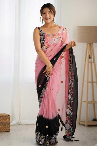 Radiant Black Color Embroidered Georgette Saree - women's fashion mart