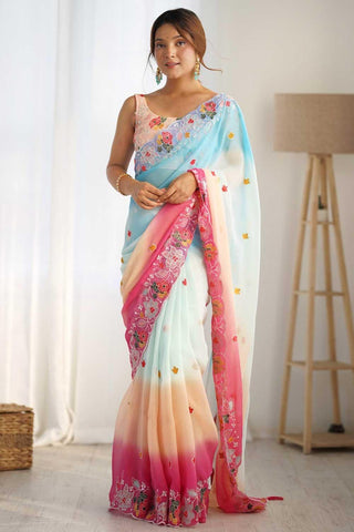 Blazing Sky Blue Color Embroidered Georgette Saree - women's fashion mart