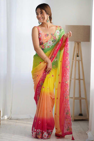 Attractive Yellow Color Embroidered Georgette Saree - women's fashion mart