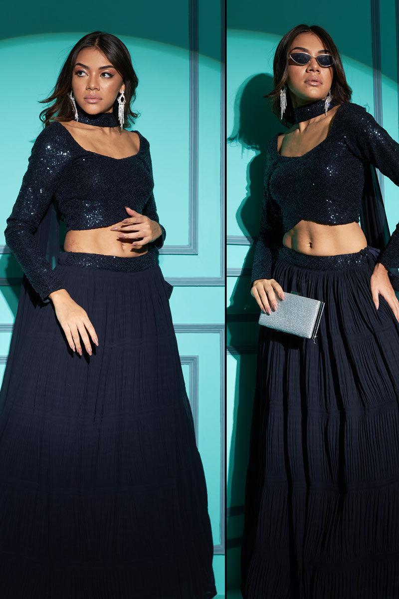 Georgette Function Style Pleating Pattern Lehenga Choli In Navy Blue Color.
