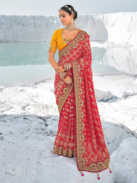 Ravishing Red Georgette Bandhni Patola With Zari Weaved Saree - women's fashion mart
