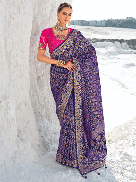 Pristine Purple Georgette Bandhni Patola With Zari Weaved Saree - women's fashion mart
