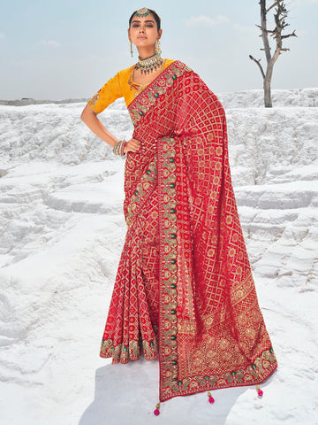 Radiant Red Georgette Bandhni Patola With Zari Weaved Saree - women's fashion mart