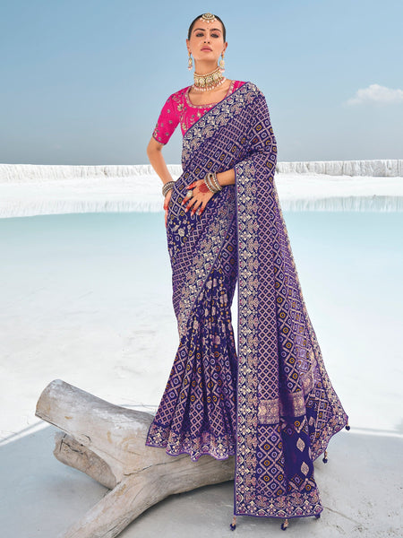 Divine Purple Georgette Bandhni Patola With Zari Weaved Saree - women's fashion mart