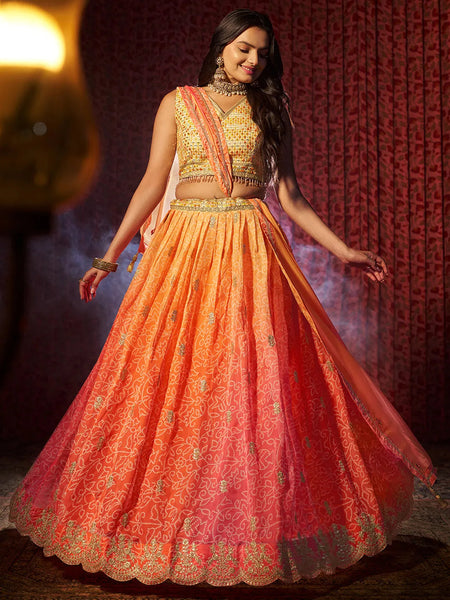 Gorgeous Orange Printed or Embroidered Organza Lehenga Choli - women's fashion mart