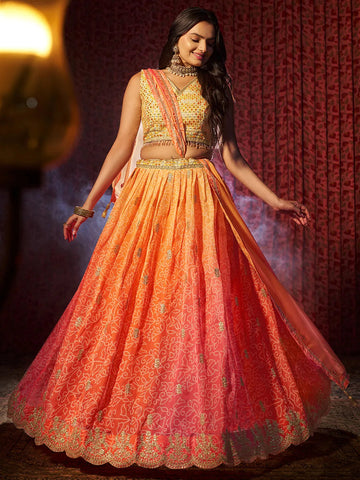 Gorgeous Orange Printed or Embroidered Organza Lehenga Choli - women's fashion mart