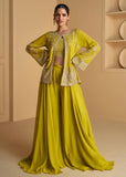 Chartreuse Green Georgette Top Palazzo Suit With Embroidered Jacket - women's fashion mart