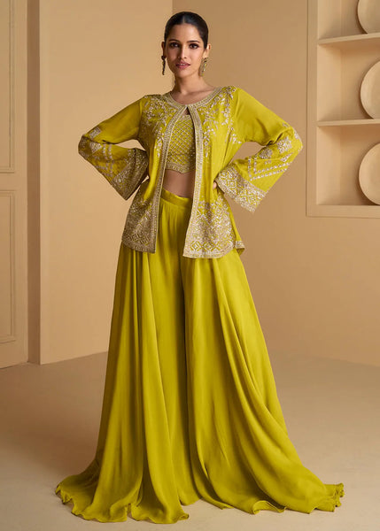 Chartreuse Green Georgette Top Palazzo Suit With Embroidered Jacket - women's fashion mart