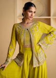 Chartreuse Green Georgette Top Palazzo Suit With Embroidered Jacket - women's fashion mart