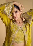 Chartreuse Green Georgette Top Palazzo Suit With Embroidered Jacket - women's fashion mart