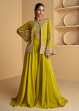 Chartreuse Green Georgette Top Palazzo Suit With Embroidered Jacket - women's fashion mart